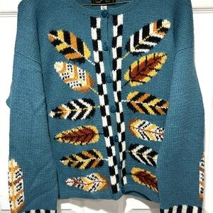 South Wool Womens Size Small Feather Pattern Sweater Cardigan Teal Brown VGUC